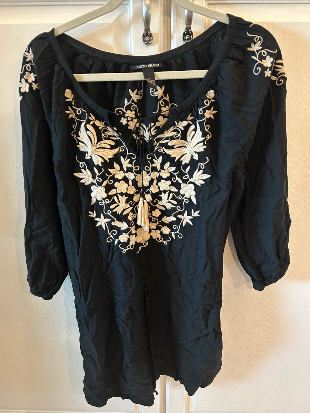 Lucky Brand Black Embroidered Peasant Dress